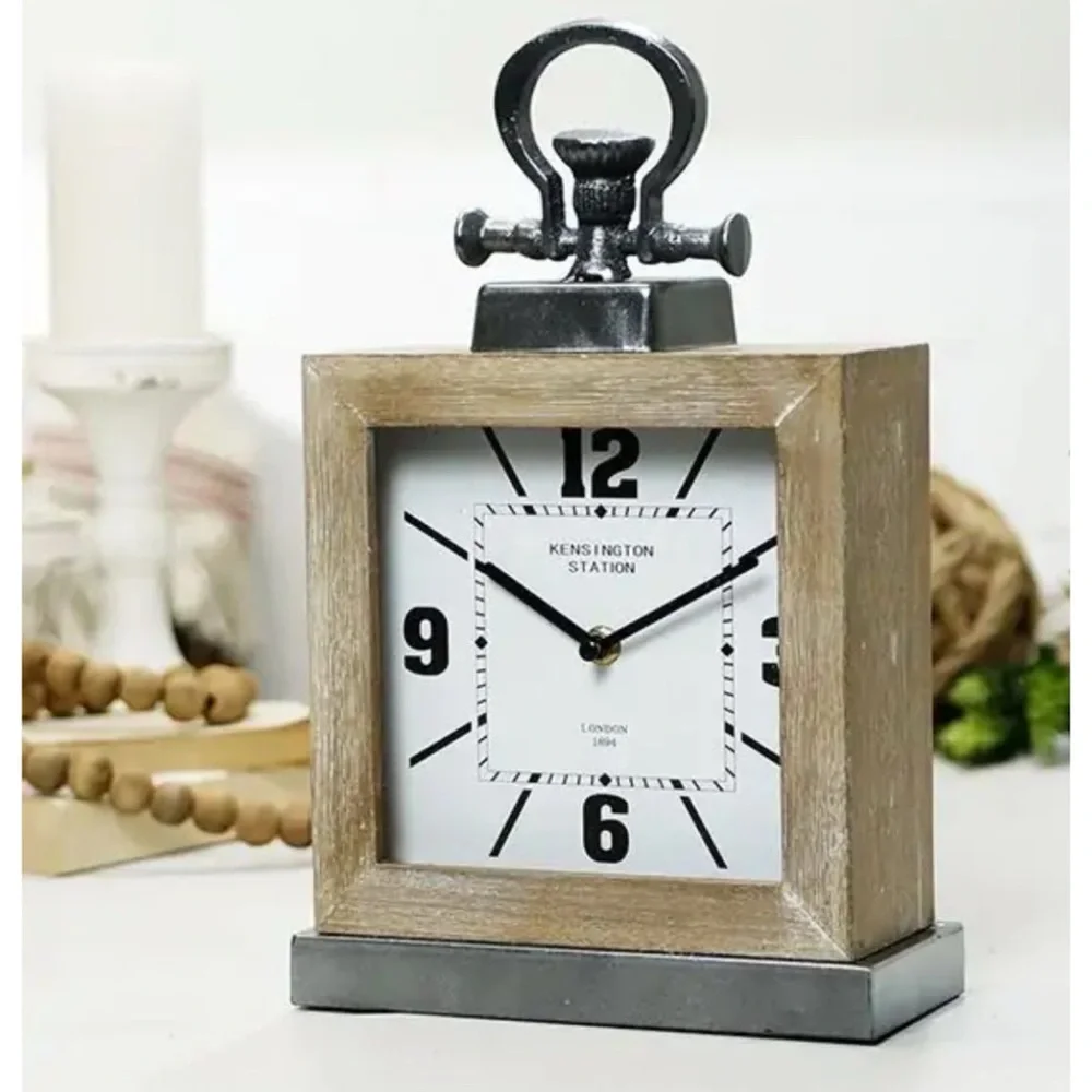 Rustic Industrial Square Table Clock Silver Metal Accents Antique Farmhouse